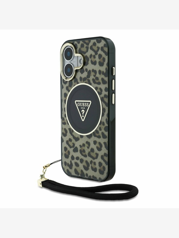 Guess Guess IML Leopard Triangle Logo Strap MagSafe zadný kryt pre iPhone 16 Brown