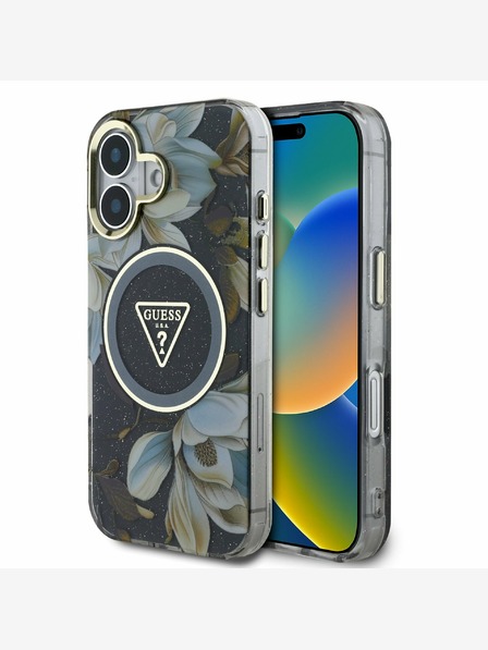 Guess Guess IML Glitter Magnolia and Triangle Logo MagSafe zadný kryt pre iPhone 16 čierny