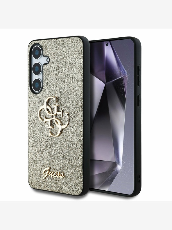 Guess Guess PU pevný zadný kryt s kovovým logom 4G s trblietkami pre Samsung Galaxy S25+ zlatý