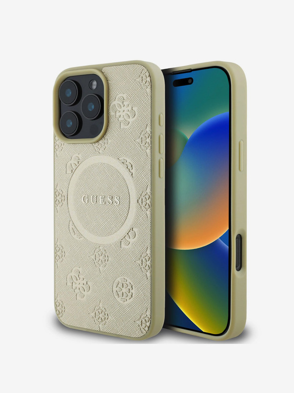 Guess Guess Saffiano Peony Stamp MagSafe zadný kryt pre iPhone 16 Pro Max zlatý