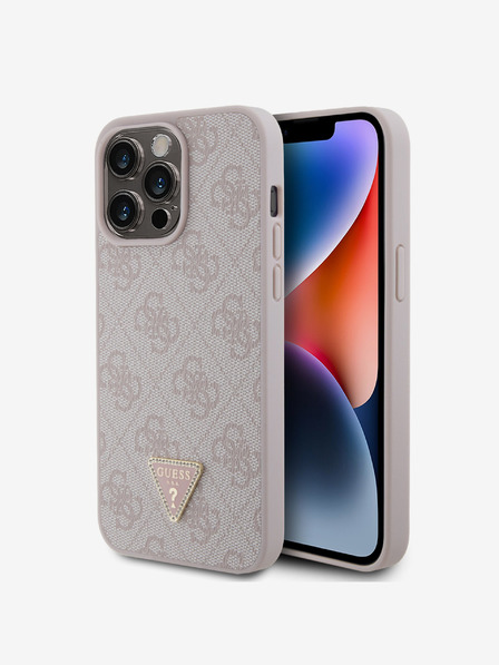Guess PU 4G Strass Triangle Metal Logo Zadní Kryt pro iPhone 15 Pro Max Pink Obal na telefón