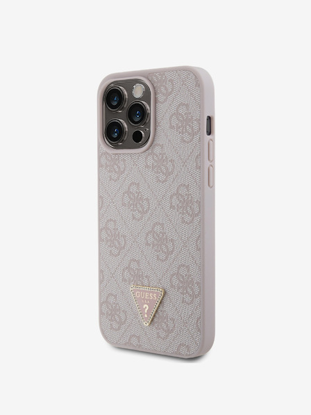 Guess PU 4G Strass Triangle Metal Logo Zadní Kryt pro iPhone 15 Pro Max Pink Obal na telefón