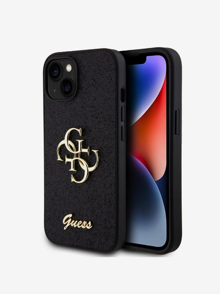 Guess PU Fixed Glitter 4G Metal Logo Zadní Kryt pro iPhone 15 Black Obal na telefón