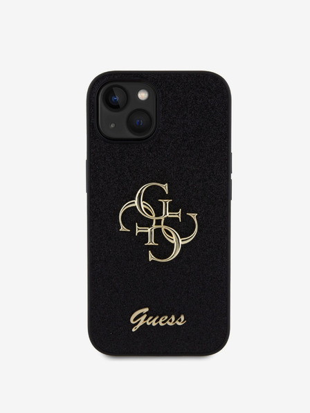 Guess PU Fixed Glitter 4G Metal Logo Zadní Kryt pro iPhone 15 Black Obal na telefón