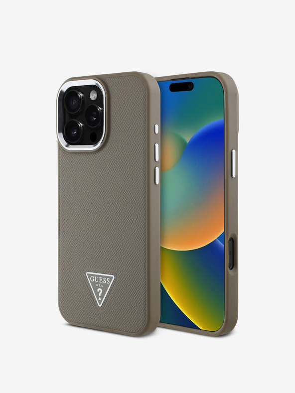 Guess Guess PU zrnité trojuholníkové logo zadný kryt pre iPhone 16 Pro Max hnedý