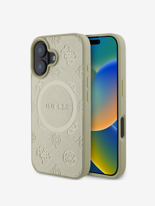Guess Guess Saffiano Peony Stamp MagSafe zadný kryt pre iPhone 16 zlatý
