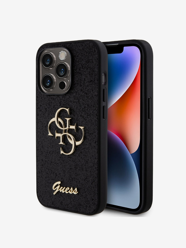 Guess Guess PU Pevný zadný kryt 4G s kovovým logom Glitter pre iPhone 15 Pro čierny