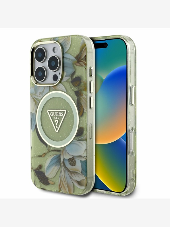 Guess Guess IML Glitter Magnolia and Triangle Logo MagSafe zadný kryt pre iPhone 16 Pro Max Green