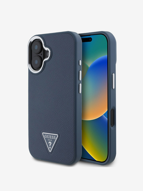 Guess Guess PU zrnitý zadný kryt s trojuholníkovým logom pre iPhone 16 modrý