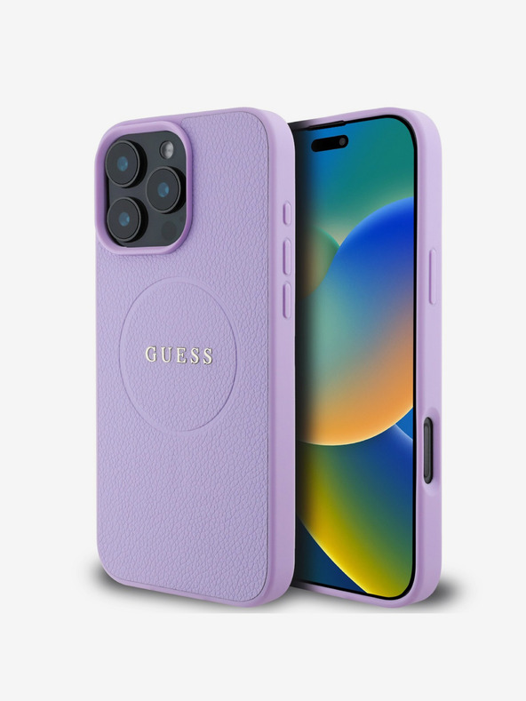 Guess Guess PU zrnité klasické logo MagSafe zadný kryt pre iPhone 16 Pro Max fialový
