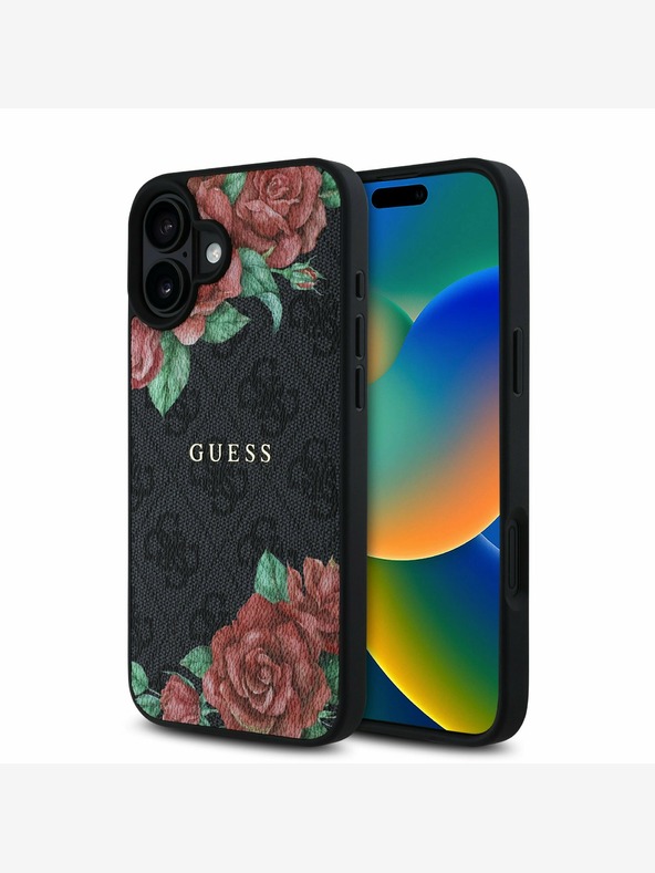 Guess Guess PU kožený zadný kryt 4G Roses MagSafe pre iPhone 16 čierny