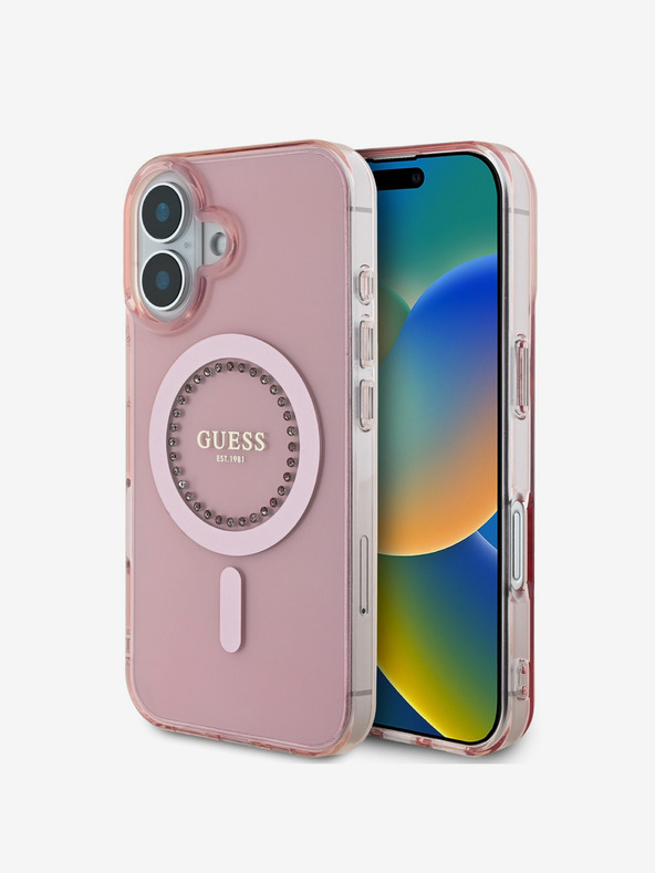 Guess Guess IML Prsteň s kamienkami MagSafe Zadný kryt pre iPhone 16 Ružový