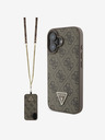 Guess Guess PU 4G štrasový zadný kryt s kovovým logom v tvare trojuholníka + crossbody popruh pre iPhone 16 hnedý