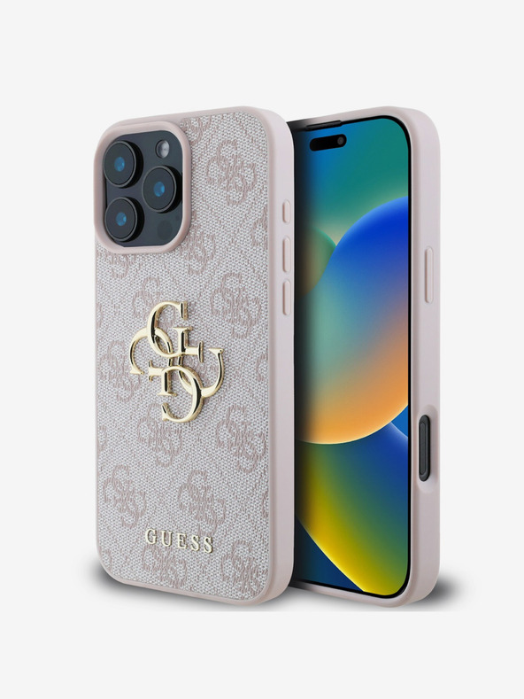 Guess Guess PU 4G Kovové logo Zadný kryt pre iPhone 16 Pro Ružový