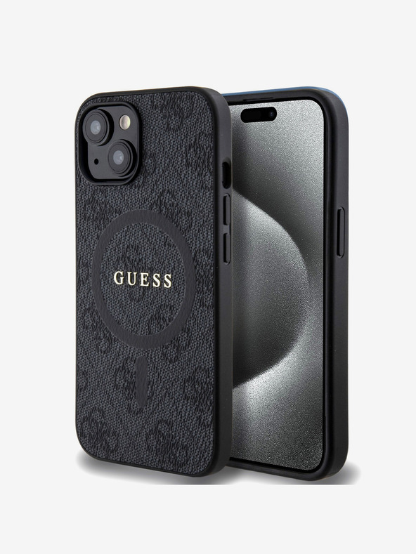 Guess Guess PU kožený 4G farebný prsteň MagSafe zadný kryt pre iPhone 15 čierny