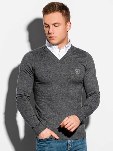 Ombre Clothing Šedý pánsky žíhaný sveter s košeľovou vsadkou E120