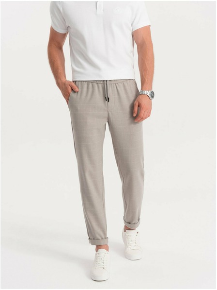 Ombre Clothing Svetlošedé pánske kockované nohavice Ombre Oblečenie