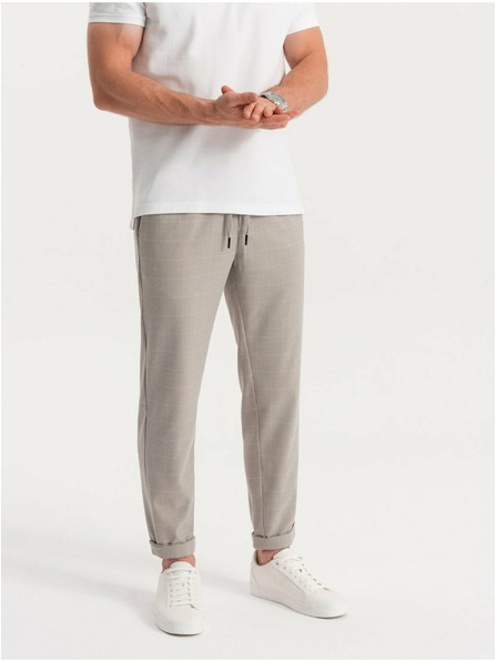 Ombre Clothing Svetlošedé pánske kockované nohavice Ombre Oblečenie