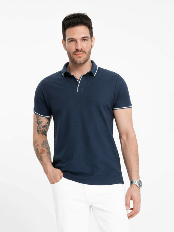 Ombre Clothing Tmavomodré pánske polo tričko bez gombíkov Ombre Clothing