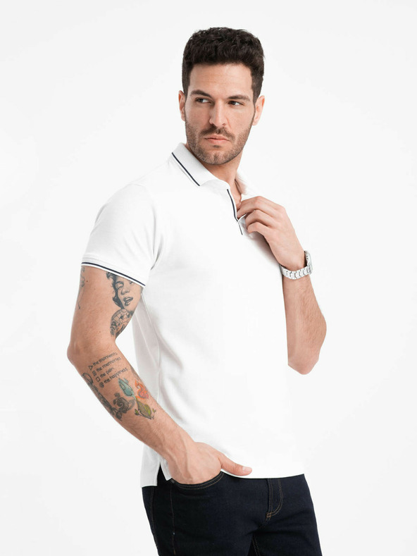 Ombre Clothing Biele pánske polo tričko bez gombíkov Ombre Clothing