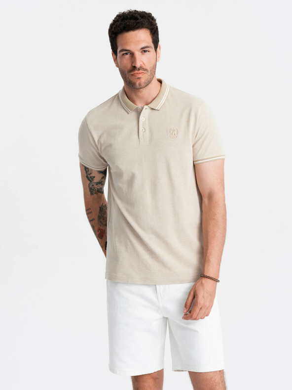 Ombre Clothing Béžové pánske pruhované polo tričko Ombre Clothing