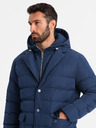 Ombre Clothing Pánska dlhá prešívaná bunda s klopami a podšívkou tmavomodrá Ombre Clothing