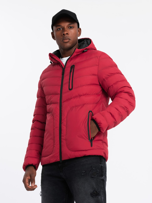 Ombre Clothing Pánska prešívaná športová bunda s kontrastným zipsom červená Oblečenie Ombre
