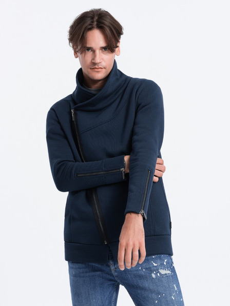Ombre Clothing Tmavomodrá pánska mikina s asymetrickým zapínaním Ombre Clothing