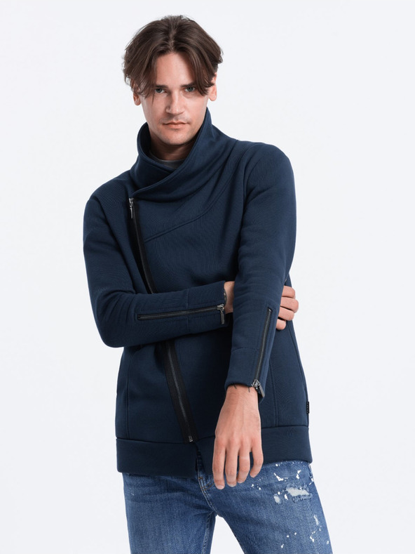 Ombre Clothing Tmavomodrá pánska mikina s asymetrickým zapínaním Ombre Clothing