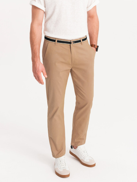 Ombre Clothing Béžové pánske chino nohavice s ozdobným opaskom Ombre Clothing