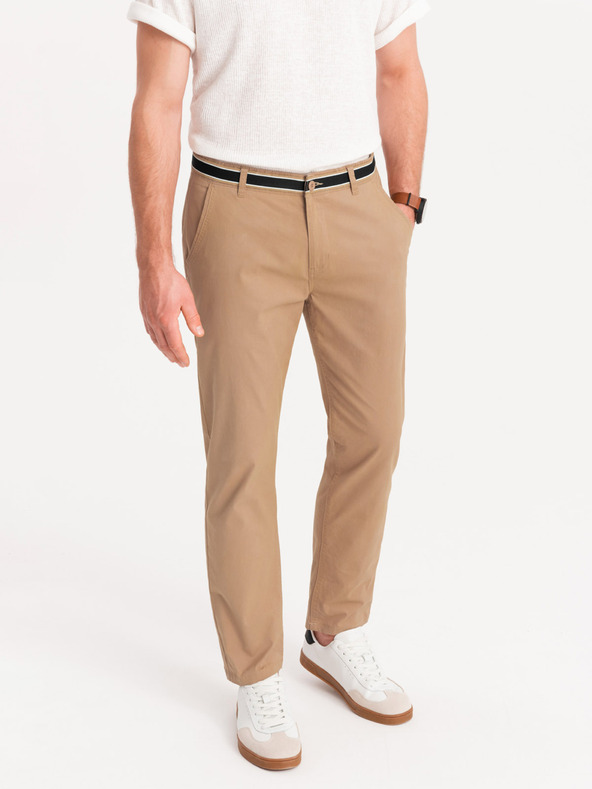 Ombre Clothing Béžové pánske chino nohavice s ozdobným opaskom Ombre Clothing