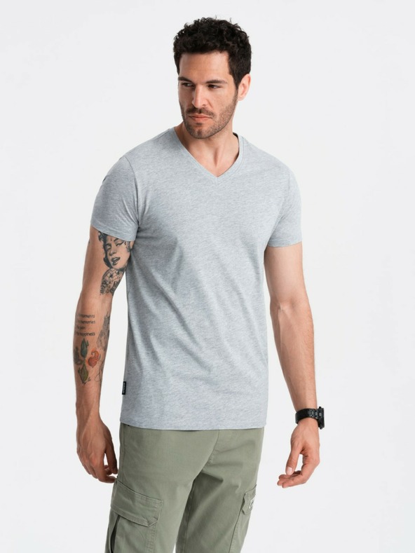 Ombre Clothing Šedé pánske bavlnené základné tričko s výstrihom Ombre Clothing