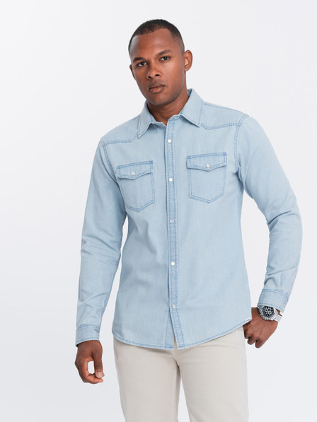 Ombre Clothing Pánska džínsová košeľa na gombíky s vreckami svetlomodrá Ombre Clothing