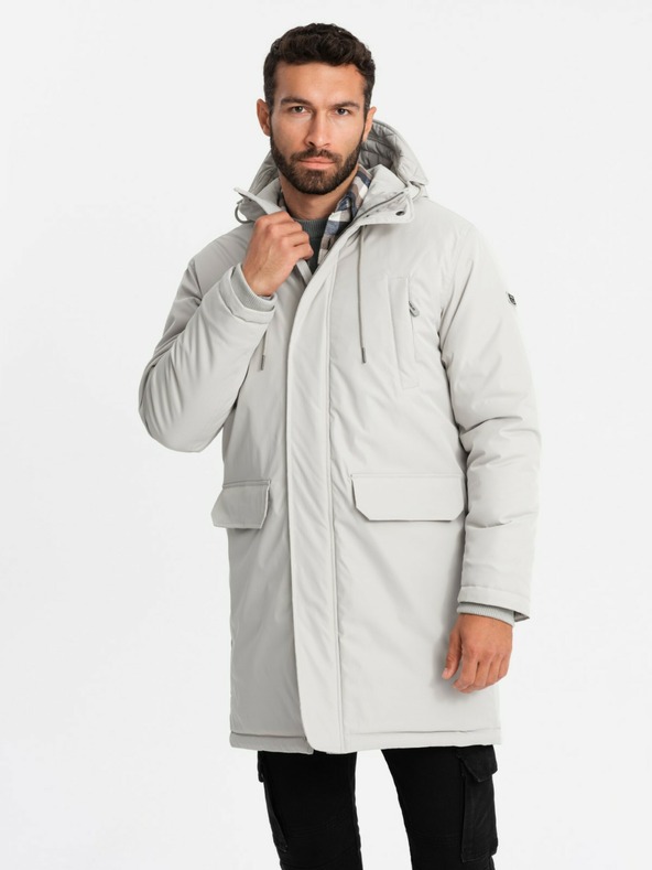 Ombre Clothing Pánska dlhá klasická bunda parka krémová Ombre Clothing
