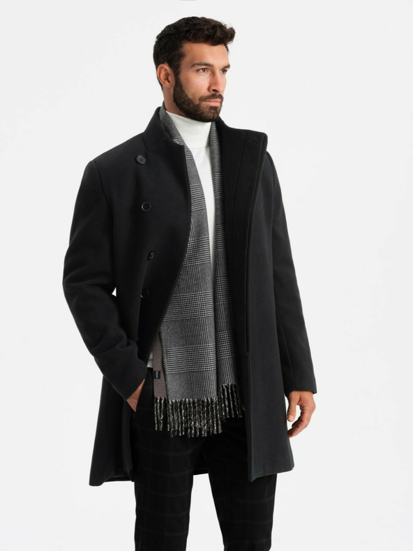 Ombre Clothing Pánsky kabát s vysokým golierom a asymetrickým zapínaním čierny Ombre Oblečenie
