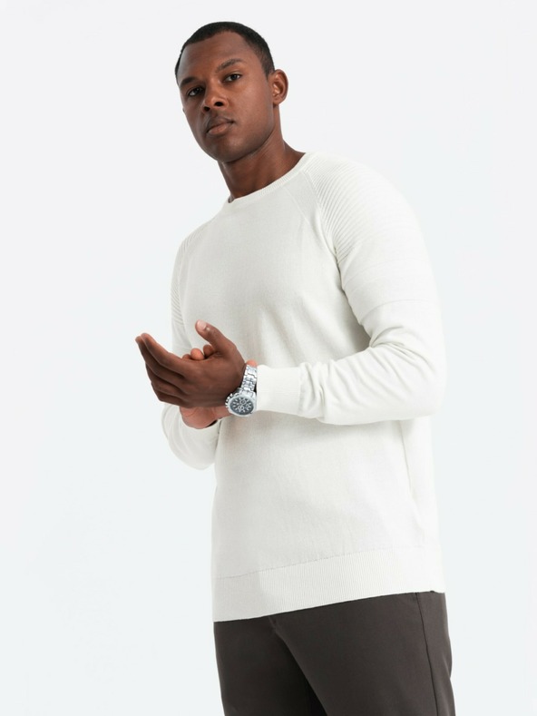 Ombre Clothing Pánsky raglánový sveter s rebrovanými rukávmi White Ombre Oblečenie