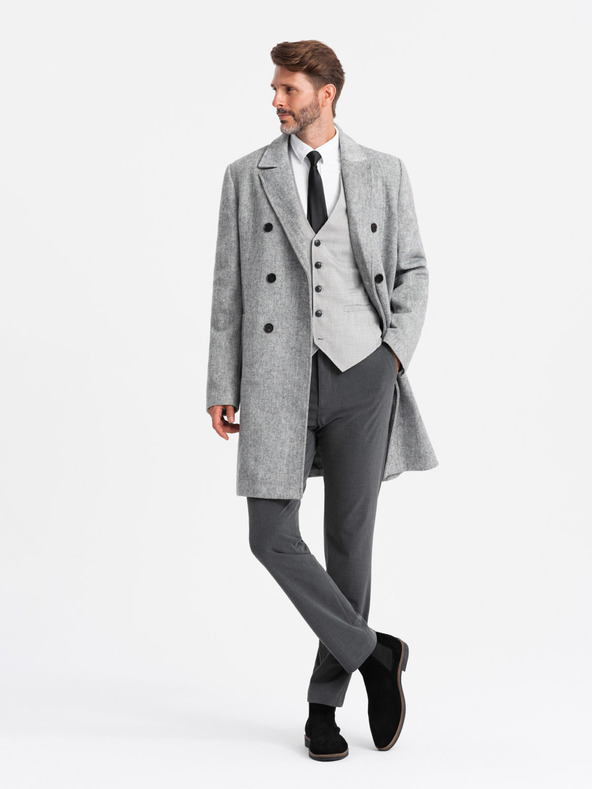 Ombre Clothing Elegantný pánsky dvojradový kabát v tvare rybej kosti sivý Ombre Clothing