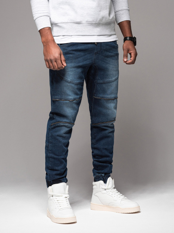 Ombre Clothing Pánske nohavice JOGGERY s cargo vreckami na zips modré Ombre Clothing