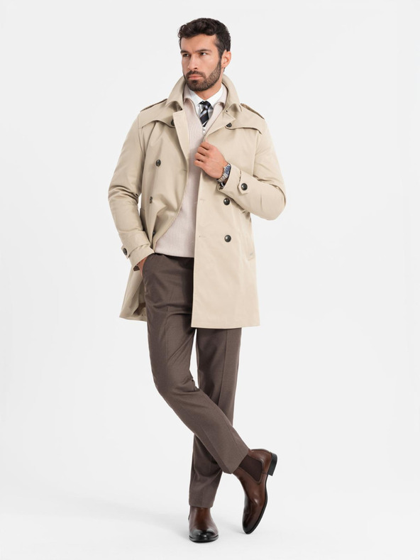 Ombre Clothing Elegantný pánsky kabát SLIM FIT s opaskom béžová Ombre Oblečenie