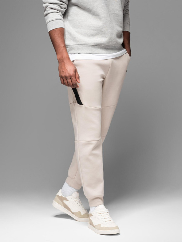 Ombre Clothing Pánske tepláky s rebrovanými manžetami a ozdobným zipsom - pieskové Oblečenie Ombre