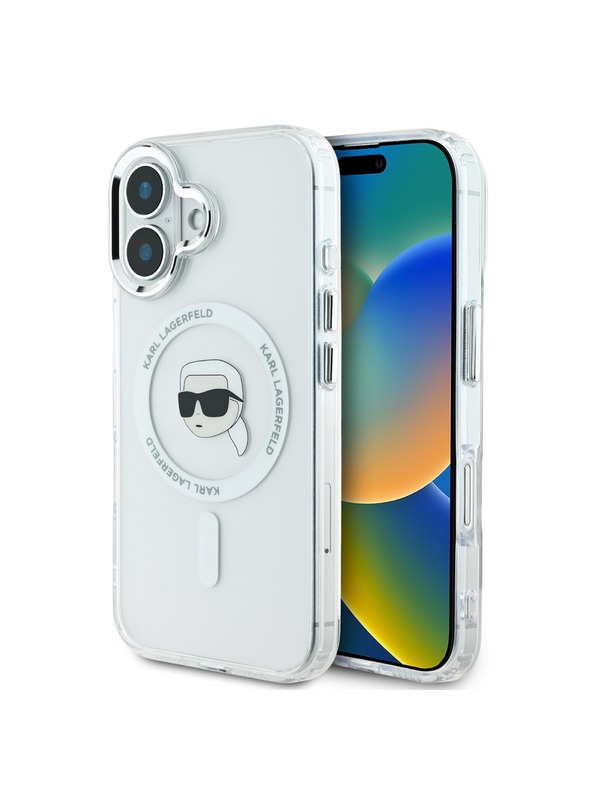 Karl Lagerfeld Karl Lagerfeld IML Karl Head Kovový rám MagSafe Zadný kryt pre iPhone 16 Priehľadný