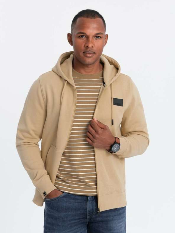 Ombre Clothing Pánska mikina na zips s kapucňou a nášivkou - piesková V2 OM-SSZP-0140 Ombre Clothing
