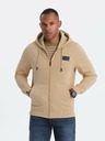 Ombre Clothing Pánska mikina na zips s kapucňou a nášivkou - piesková V2 OM-SSZP-0140 Ombre Clothing