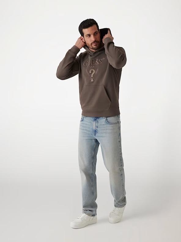 Guess Jeans Pánska hnedá mikina s vyšitým logom a kapucňou Guess jeans
