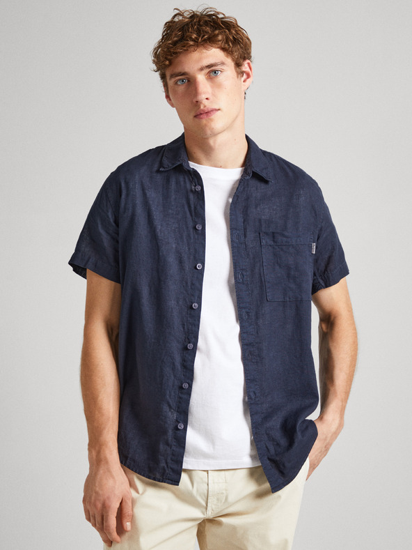 Pepe Jeans Tmavomodrá pánska ľanová košeľa s krátkym rukávom Pepe Jeans