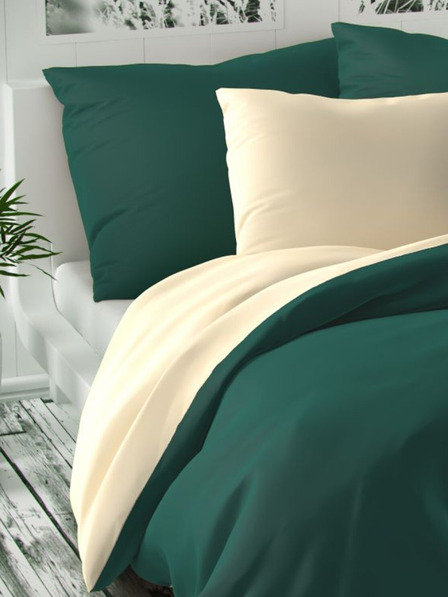 Kvalitex Saténové francúzske posteľné obliečky LUXURY COLLECTION 1+2, 200x200, 70x90cm tmavo zelené / smotanové