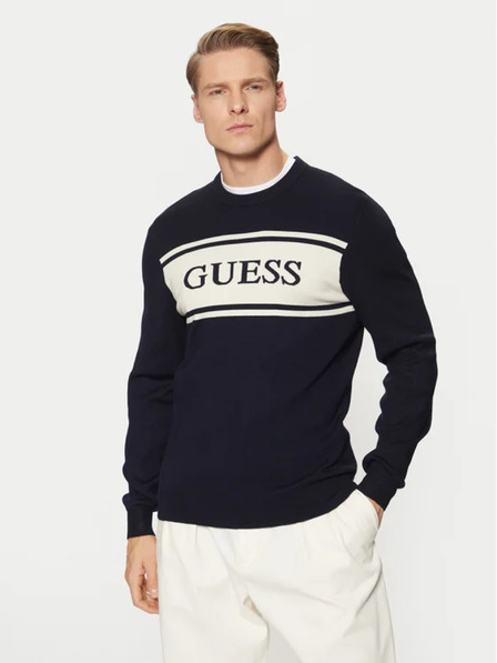 Guess Jeans Pánsky tmavomodrý sveter s pruhom Guess jeans