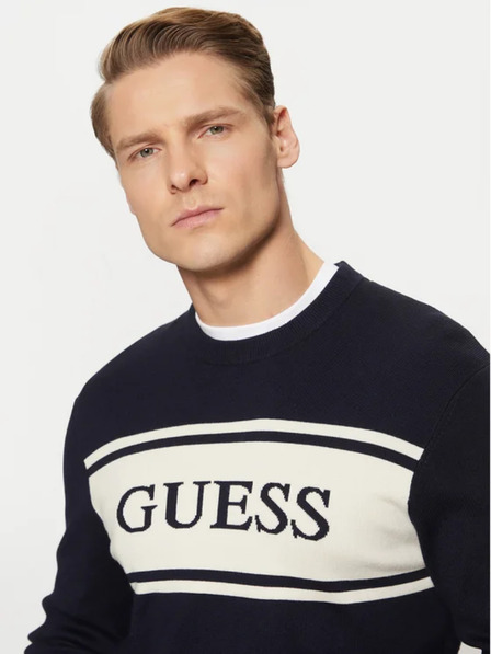 Guess Jeans Pánsky tmavomodrý sveter s pruhom Guess jeans