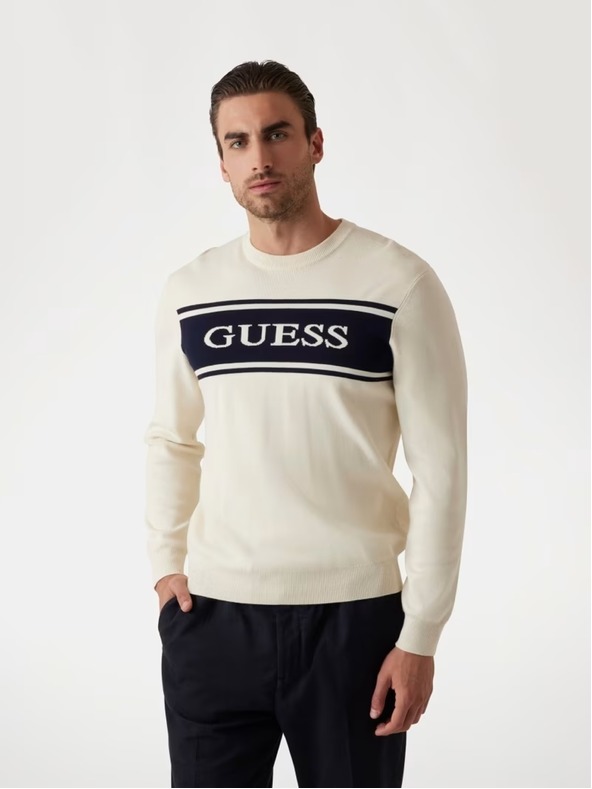 Guess Jeans Pánsky biely sveter s pruhom Guess jeans