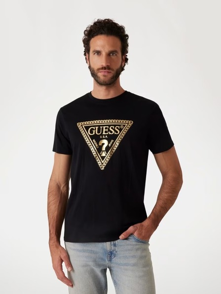 Guess Jeans Pánske čierne tričko s logom retiazkového trojuholníka Guess jeans